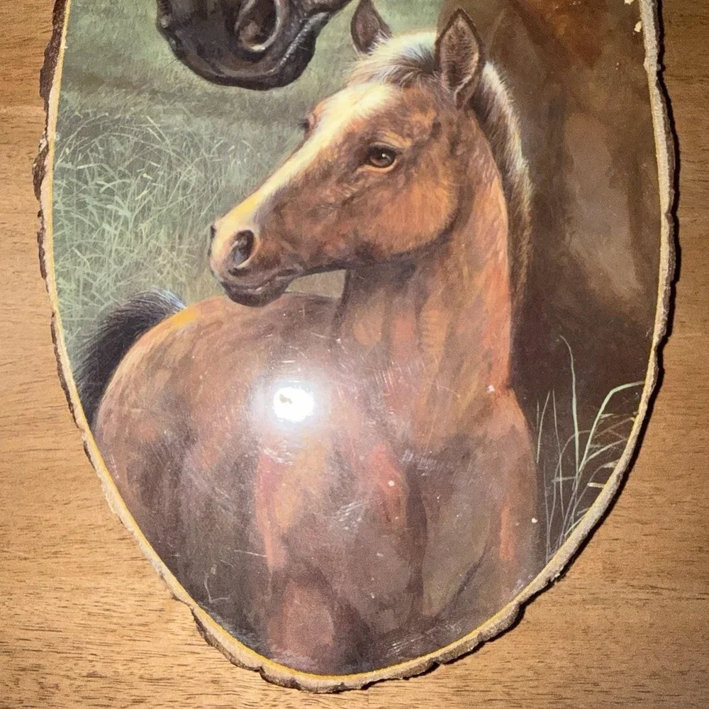 Vintage Horse Mare and Foal Wood Slab Wall Plaque Rustic Cabin Decor 16in